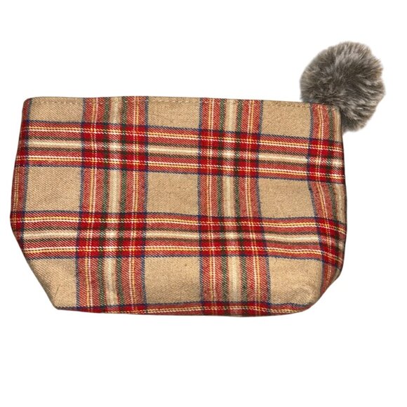 red khaki british nova check plaid wool zip pouch makeup bag - Picture 1 of 4